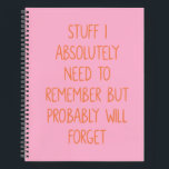 Funny Quote for Forgetful People To Do List Pink Notebook<br><div class="desc">Simple lined pink and orange notebook for notes,  to do lists,  and more with a funny cover quote - Stuff I Absolutely Need to Remember But Probably Will Forget.</div>