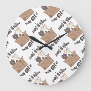 Funny quote Home is where your cat is Large Clock