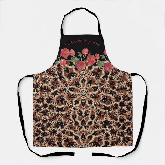 Funny Quote on an Artsy Leopard Print & Red Roses Apron (Front)