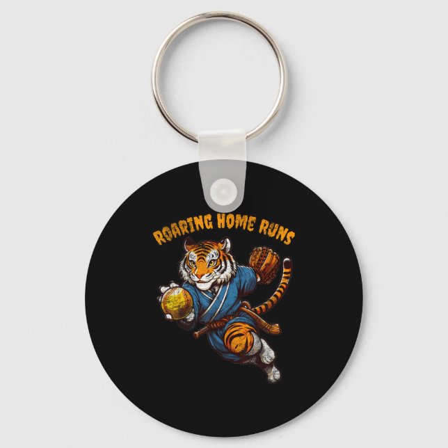 Funny Quote Roaring Home Run Ball Retro Tiger Love Keychain (Front)