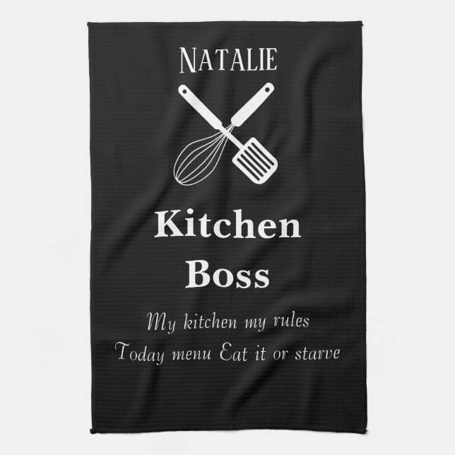 Funny quotes personalized black and white modern kitchen towel (Vertical)