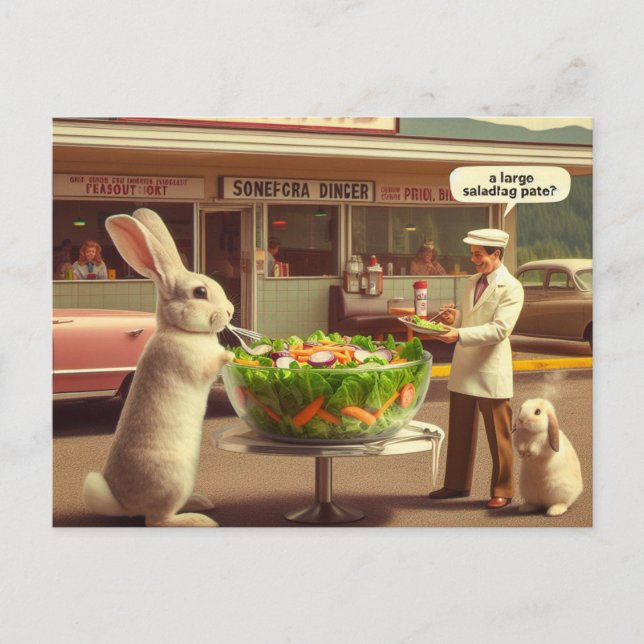 Funny Rabbit Orders Salad at a Diner AI Art Postcard (Front)