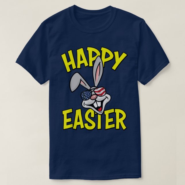 Funny Rabbit with American Flag Sunglasses Happy E T-Shirt (Design Front)