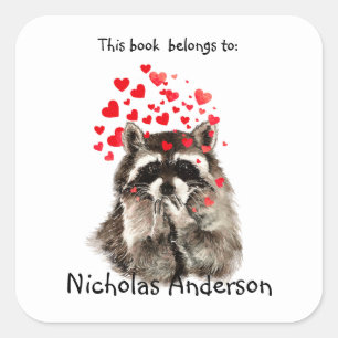 Funny Raccoon Animal blowing kisses Bookplate art Square Sticker