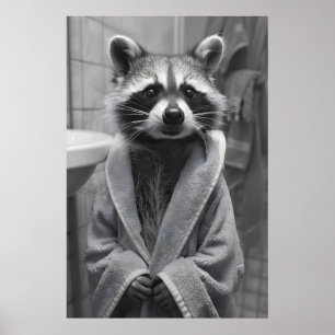 Funny Raccoon Bathrobe Print, Quirky Bathroom Wall Poster