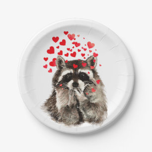 Funny Raccoon Blowing Kisses Love Hearts Paper Plate
