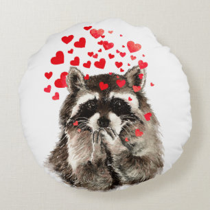 Funny Raccoon Blowing kisses & Love Hearts Round Pillow