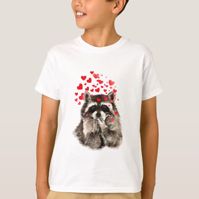 Funny Raccoon Blowing kisses & Love Hearts T-Shirt (Front)