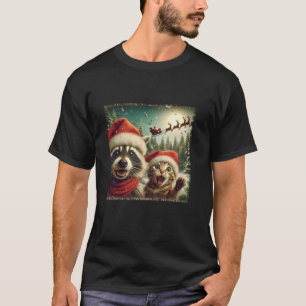 Funny Raccoon Cat Selfie With Santa s Sleigh Weird T-Shirt