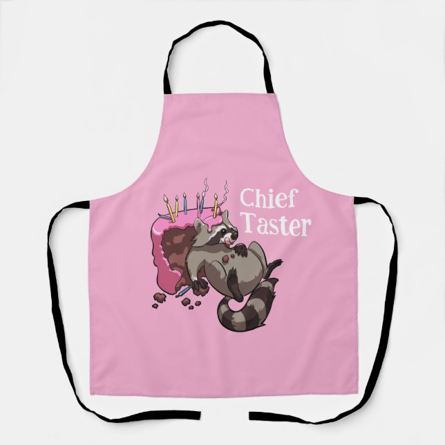 Funny Raccoon Chief Taster Eating Cake Cartoon Apron (Front)
