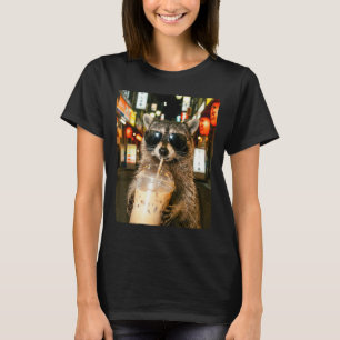 Funny raccoon drinking ice coffee men women meme  T-Shirt