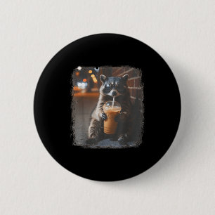 Funny raccoon drinking iced coffee animal meme men 2 inch round button