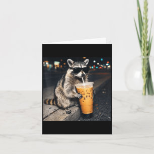 Funny raccoon drinking iced coffee animal meme men card