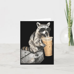 Funny raccoon drinking iced coffee animal meme men card