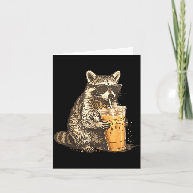 Funny raccoon drinking iced coffee animal meme men card (Front)