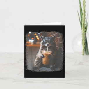 Funny raccoon drinking iced coffee animal meme men card
