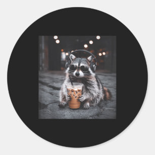 Funny Raccoon Drinking Iced Coffee Animal Meme Men Classic Round Sticker