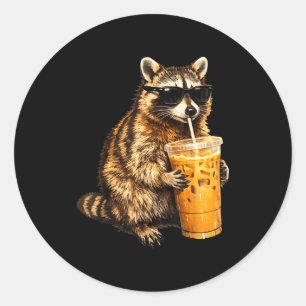 Funny raccoon drinking iced coffee animal meme men classic round sticker