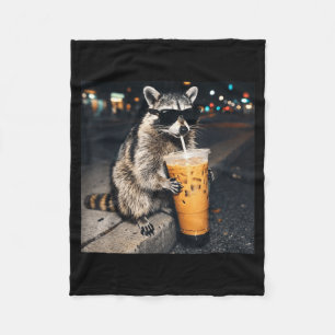 Funny raccoon drinking iced coffee animal meme men fleece blanket