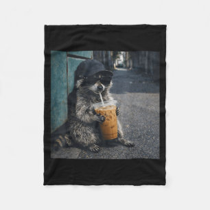 Funny raccoon drinking iced coffee animal meme men fleece blanket