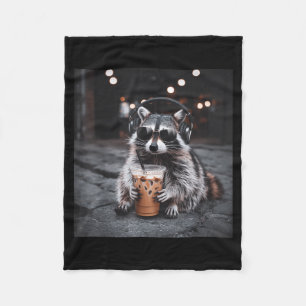Funny raccoon drinking iced coffee animal meme men fleece blanket