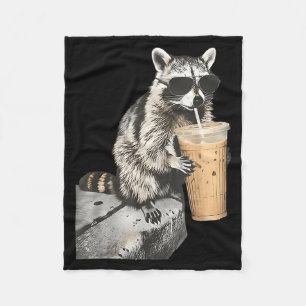 Funny raccoon drinking iced coffee animal meme men fleece blanket
