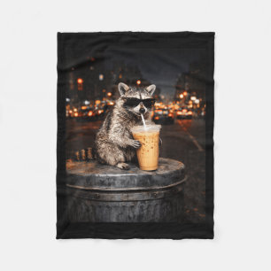 Funny raccoon drinking iced coffee animal meme men fleece blanket