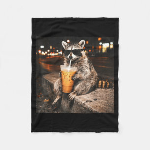 Funny raccoon drinking iced coffee animal meme men fleece blanket