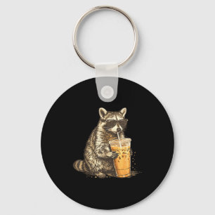 Funny raccoon drinking iced coffee animal meme men keychain