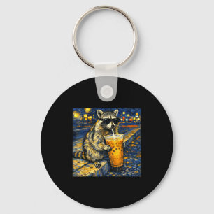 Funny raccoon drinking iced coffee animal meme men keychain