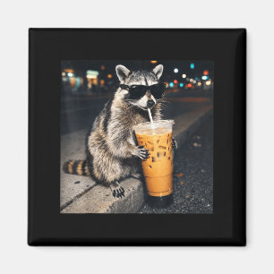 Funny raccoon drinking iced coffee animal meme men magnet