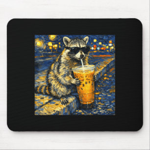 Funny raccoon drinking iced coffee animal meme men mouse pad