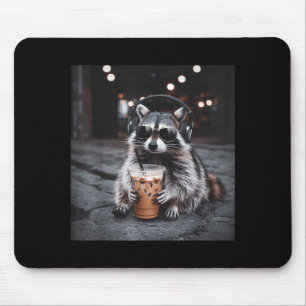 Funny Raccoon Drinking Iced Coffee Animal Meme Men Mouse Pad