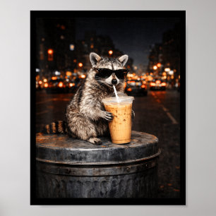 Funny raccoon drinking iced coffee animal meme men poster