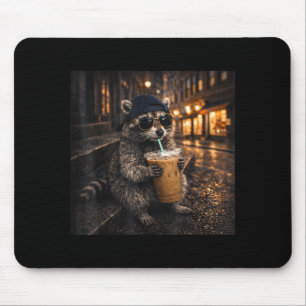 Funny raccoon drinking iced coffee cool animal mem mouse pad