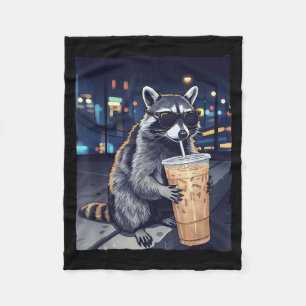 Funny raccoon drinking iced coffee cute animal wit fleece blanket