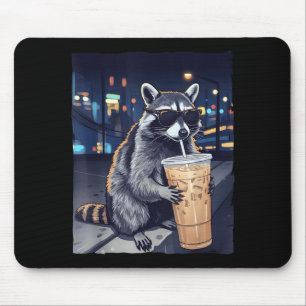 Funny raccoon drinking iced coffee cute animal wit mouse pad