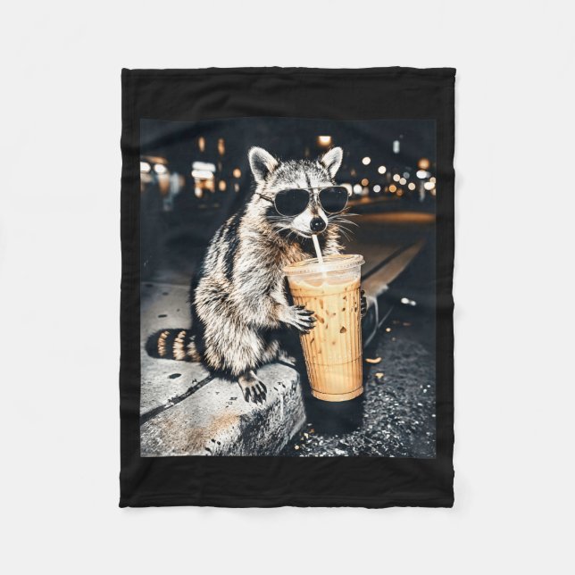 Funny raccoon drinking iced coffee  fleece blanket (Front)