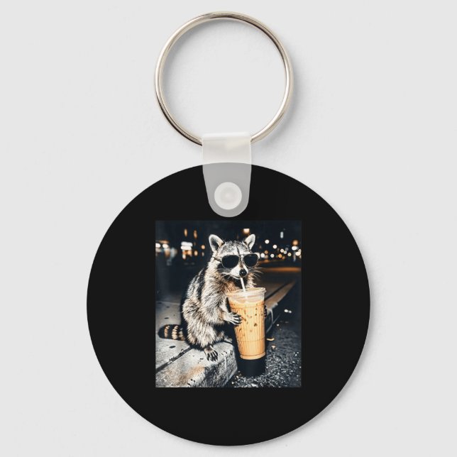 Funny raccoon drinking iced coffee  keychain (Front)