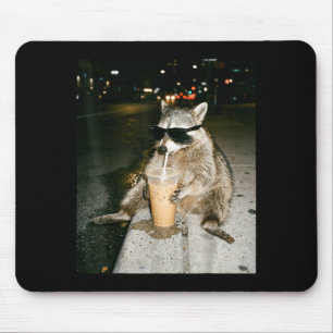 Funny raccoon drinking iced coffee meme men women mouse pad