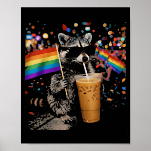 Funny Raccoon Drinking Iced Coffee Rainbow Flag Poster