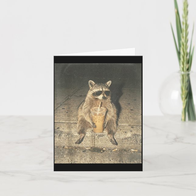 Funny raccoon drinking iced coffee unhinged meme card (Front)