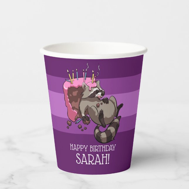 Funny Raccoon Happy Birthday Add Your Name Cartoon Paper Cups (Front)