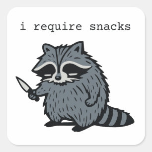 Funny Raccoon “I Require Snacks” Cartoon Design Square Sticker