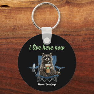 Funny Raccoon Iced Coffee I Live Here Now  Keychain