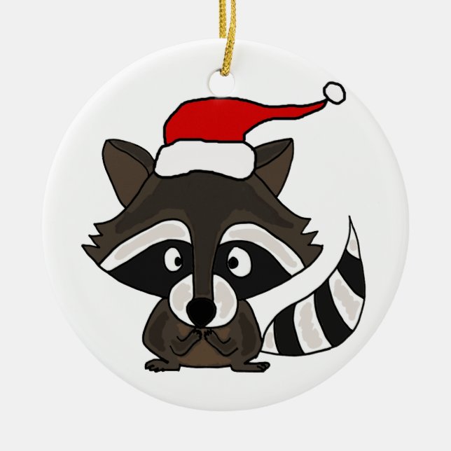 Funny Raccoon in Santa Hat Christmas Art Ceramic Ornament (Front)