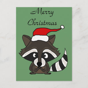 Funny Raccoon in Santa Hat Christmas Art Holiday Postcard