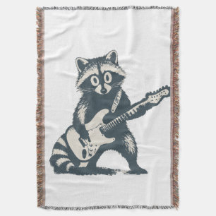 Funny Raccoon Playing Electric Guitar Throw Blanket