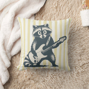 Funny Raccoon Playing Electric Guitar Throw Pillow