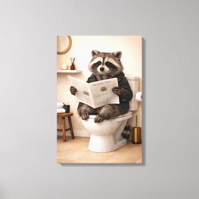 Funny Raccoon Reading Newspaper Bathroom Humor Canvas Print (Front)